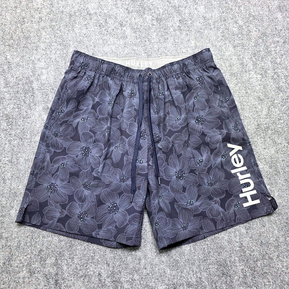 Hurley Men's XL Swim Trunks Blue Floral Board Shorts Elastic Waist 8 Inch Inseam